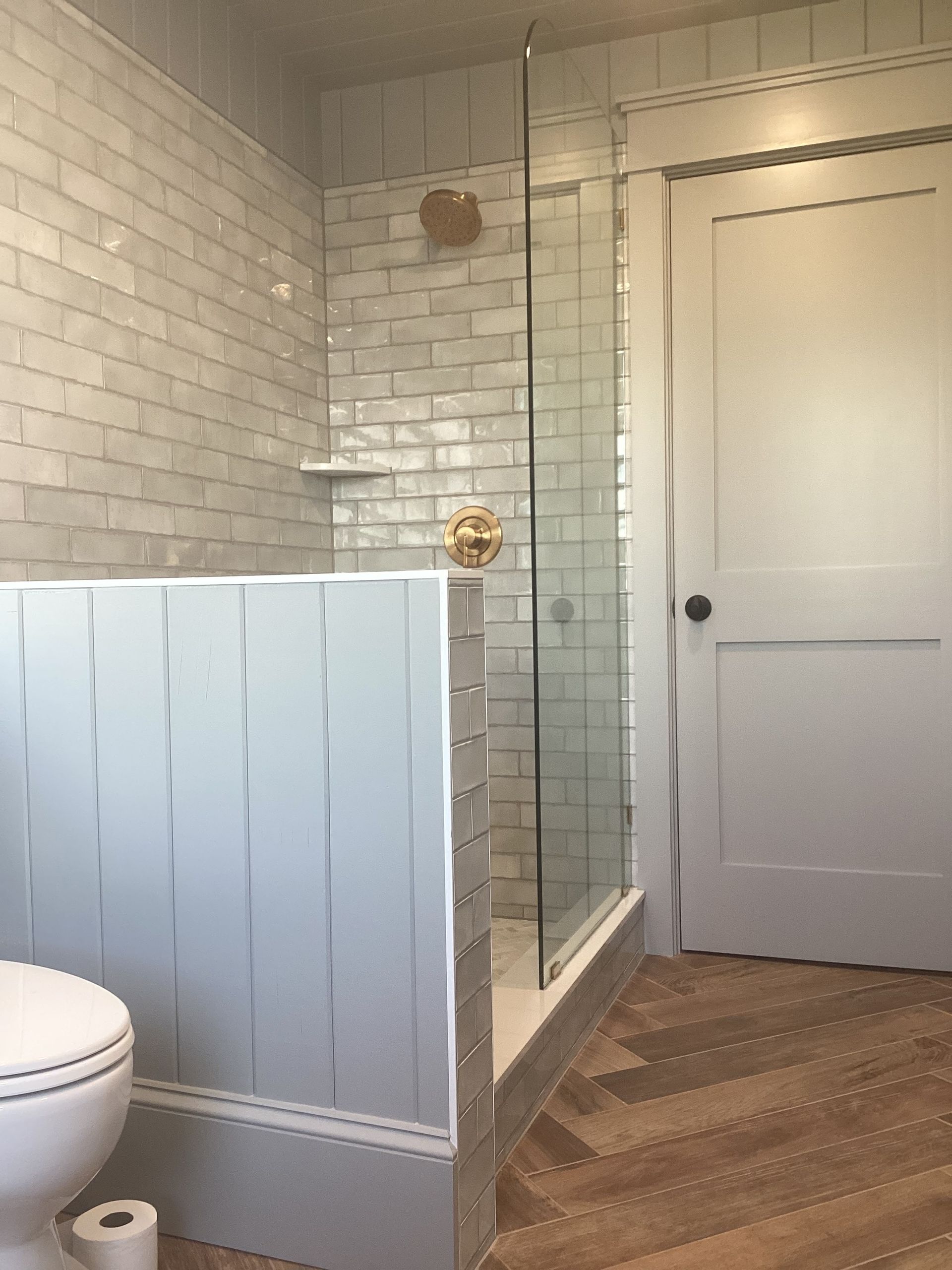 A bathroom with a toilet and a walk in shower
