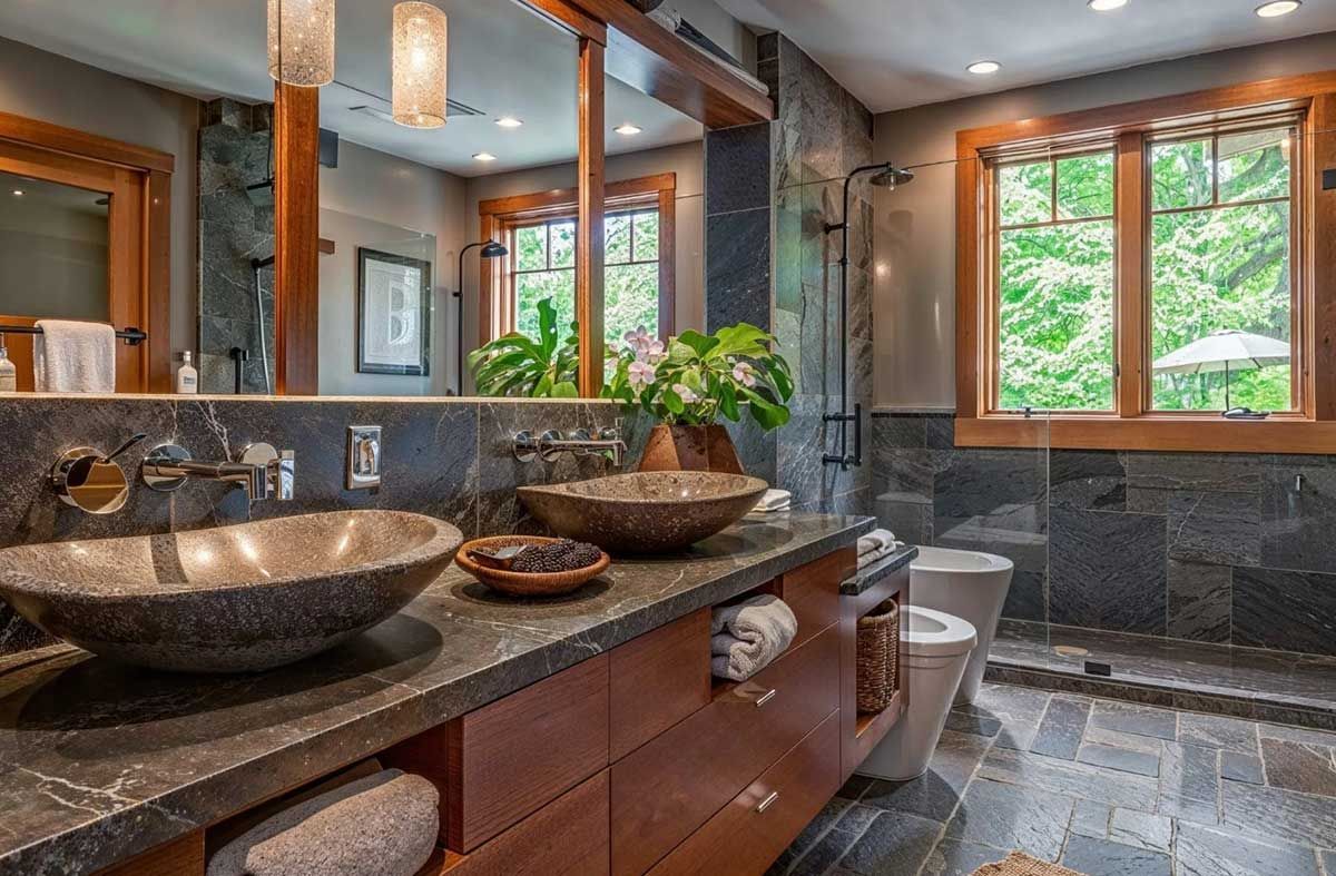 A bathroom with two sinks , a toilet , and a large mirror.