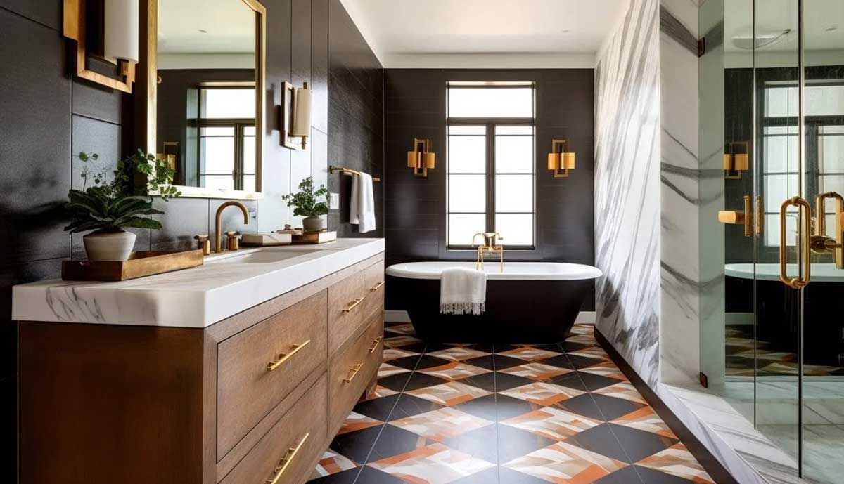 A bathroom with a bathtub , sink , mirror and checkered floor.