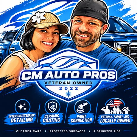 CM Auto Pros logo with smiling owners, blue car, and service badges for detailing, coatings, and paint correction