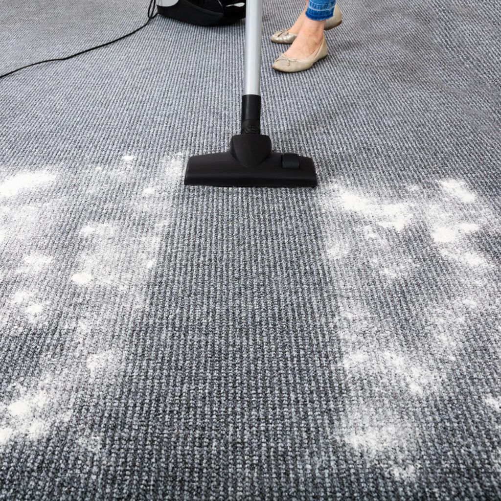 A woman is using a vacuum cleaner to clean a carpet.