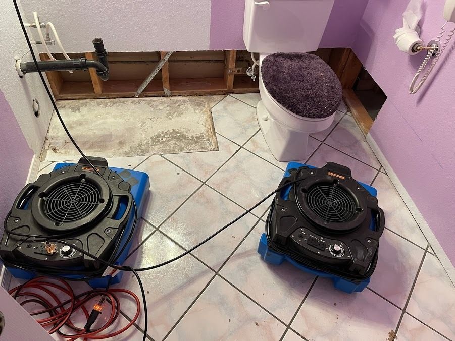 Two blue-and-black floor cleaning machines in a tiled room with cords and a mop bucket.