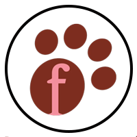 Black-outlined circle with a brown paw print and a pink lowercase &ldquo;f&rdquo; in the pad.