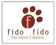 Fido dog daycare and boarding logo with brown paw print and maroon &ldquo;f&rdquo; circle