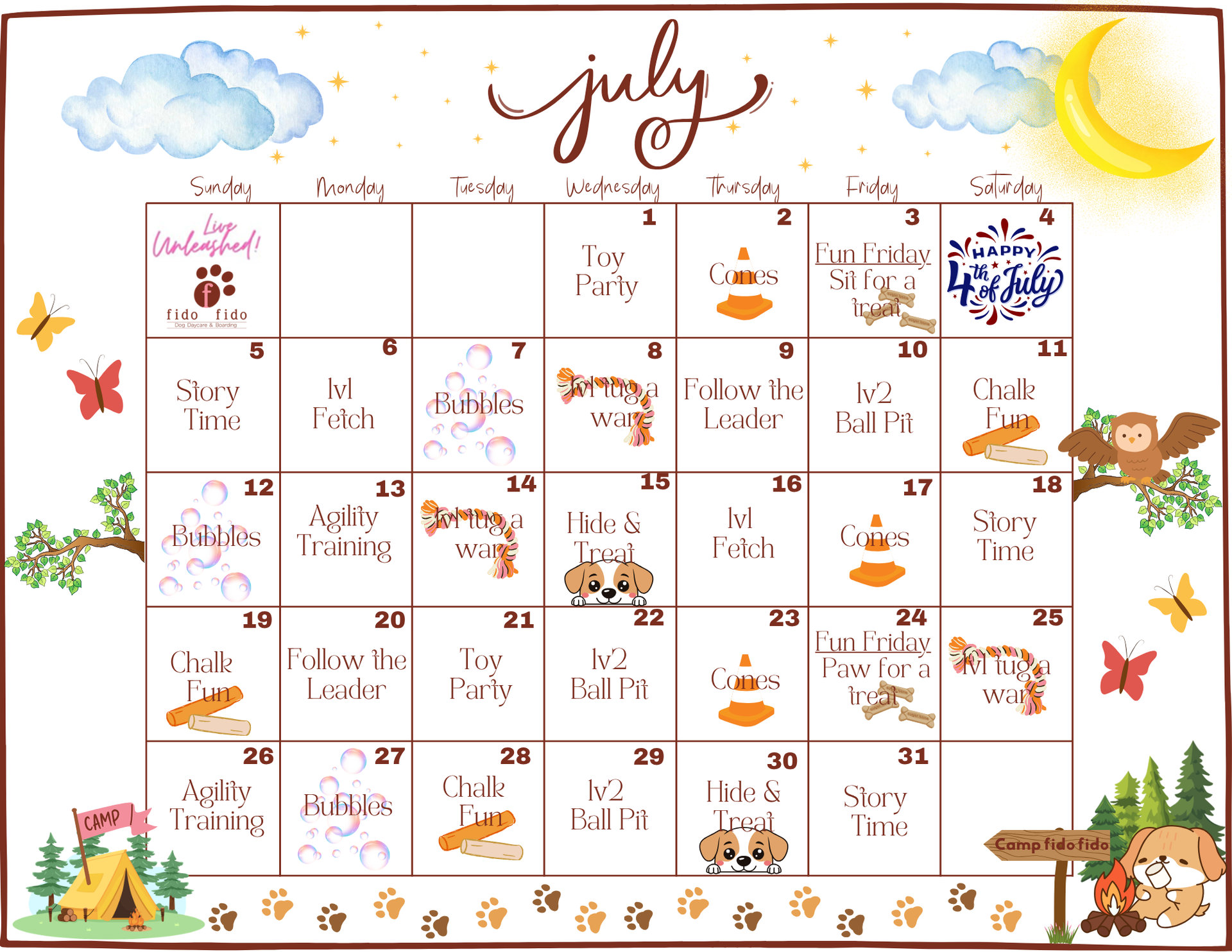 Hand-drawn July calendar with daily school/fitness goals, clouds, sun, butterflies, and autumn trees.