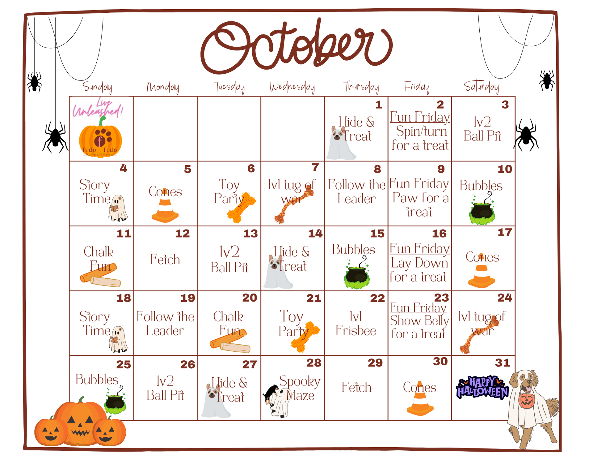 Cute illustrated October calendar with autumn pumpkins, spiders, and fall decorations in a brown-bordered grid