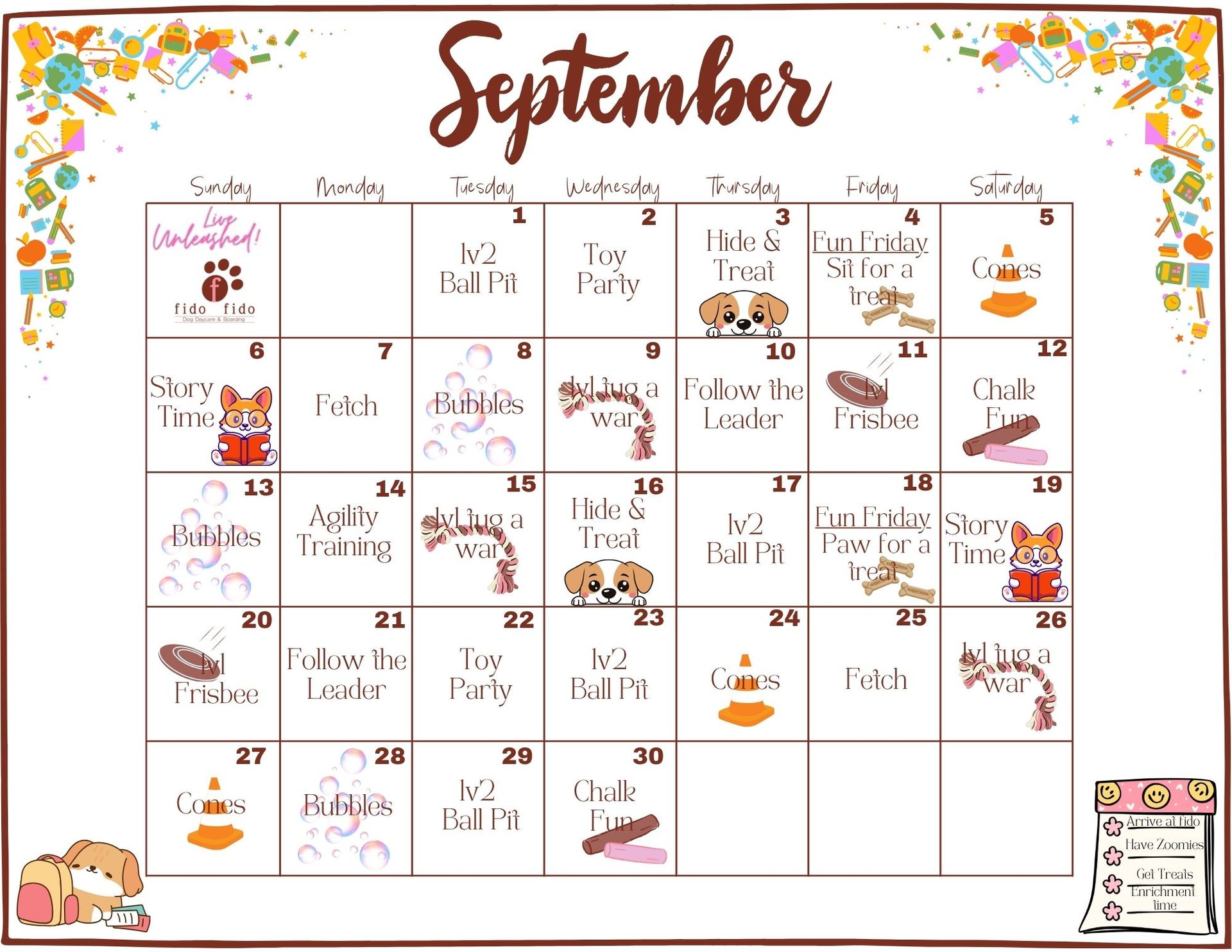 Colorful September calendar with floral corners and illustrated seasonal icons in each day box.