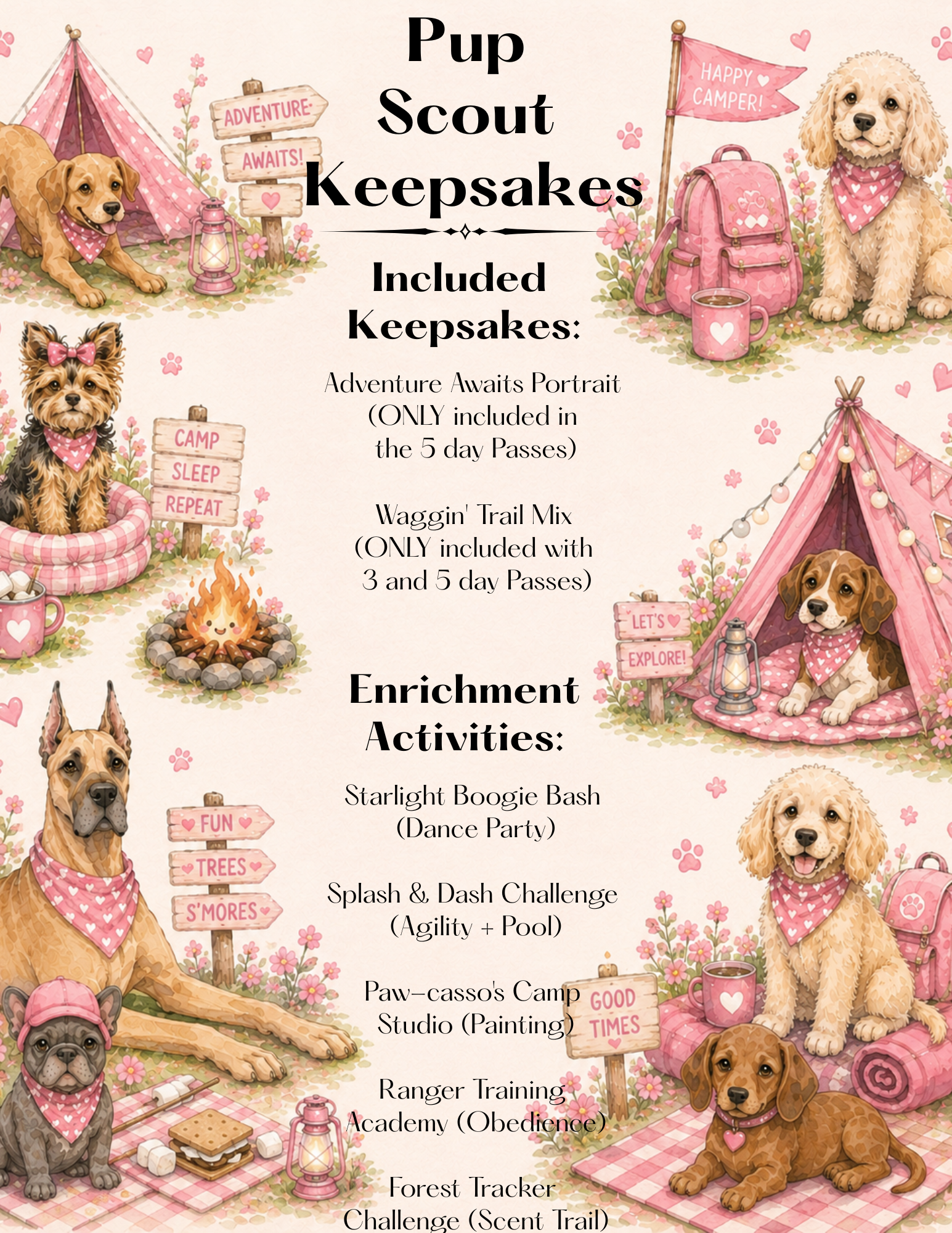 Pink flyer for pup scout keepsakes and enrichment activities, with decorated puppies and tents.
