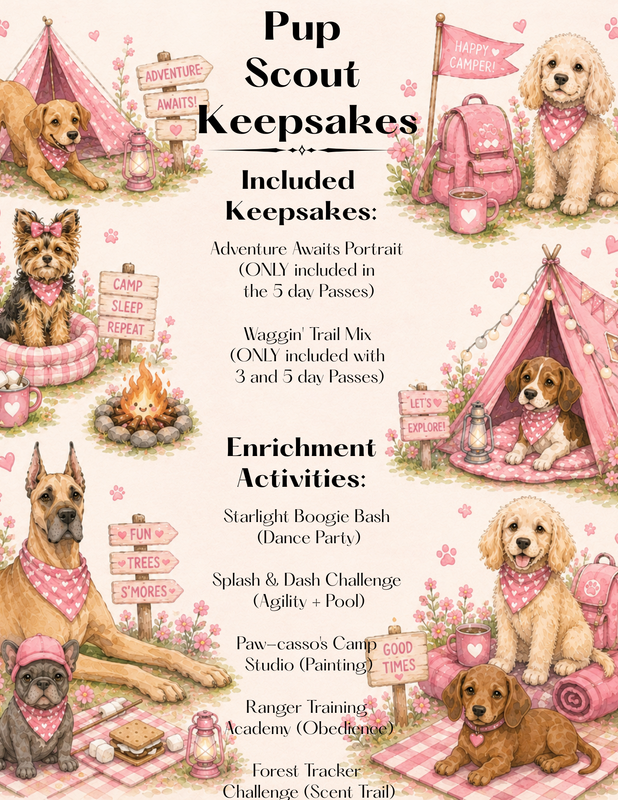 Pink flyer for pup scout keepsakes and enrichment activities, with decorated puppies and tents.