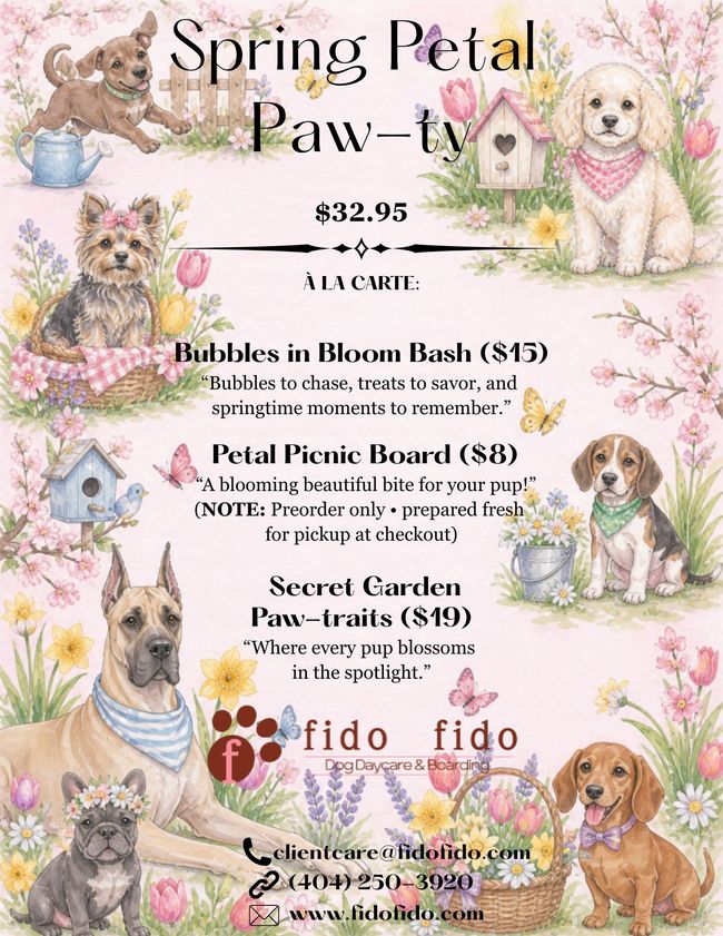 Spring Petal Paw-ty flyer with pastel dogs, floral accents, and pet accessory products