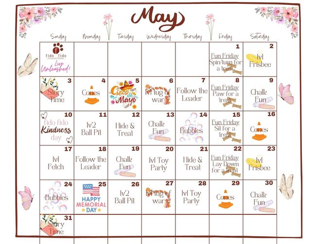 Decorative May calendar with pastel floral border and cute seasonal icons marking dates.