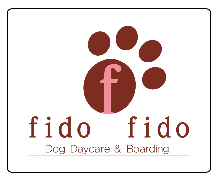 Logo for Fido Fido Dog Daycare & Boarding, with maroon paw print and lowercase text on white background