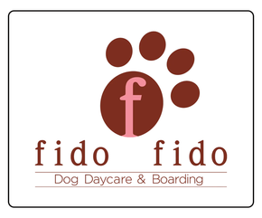 Logo for Fido Fido Dog Daycare & Boarding, with maroon paw print and lowercase text on white background