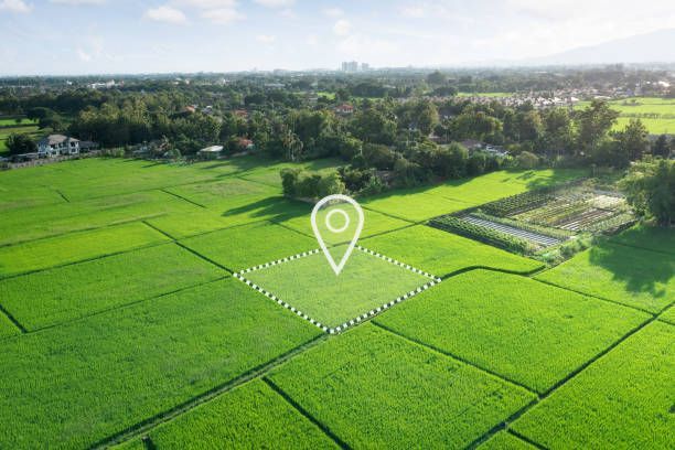 Aerial view of green farmland with a location marker.
