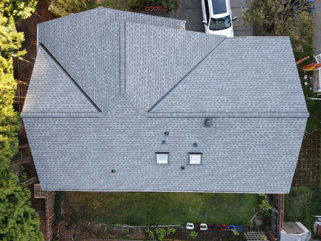 Overhead view of a house with a gray asphalt shingle roof, two skylights, and a white car in the driveway.
