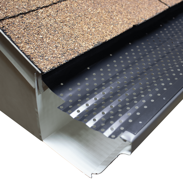 Black gutter guard installed on a house gutter, protecting against debris.