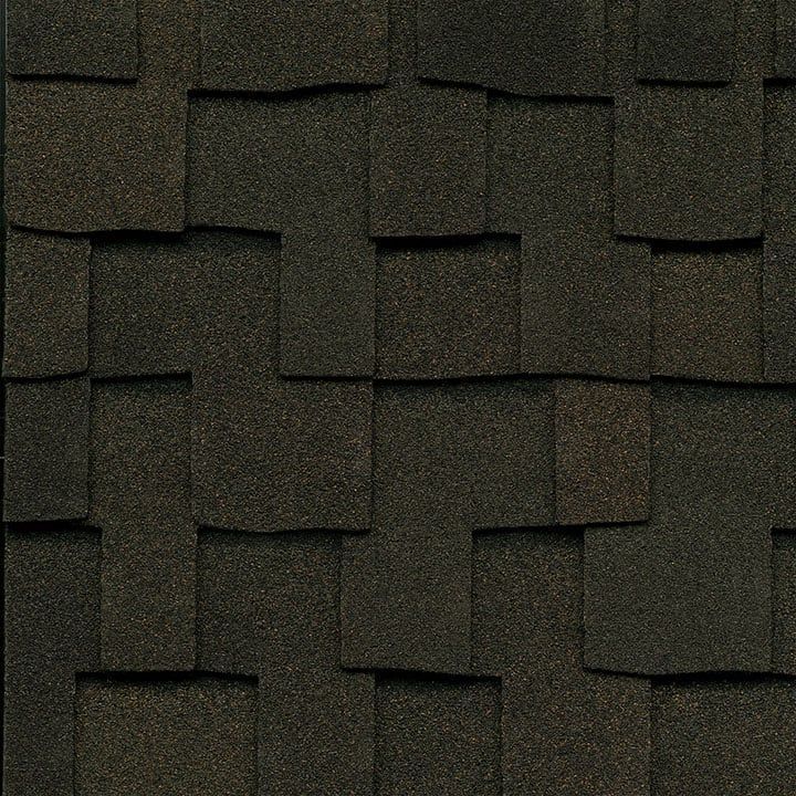 Dark brown asphalt shingles overlapping.