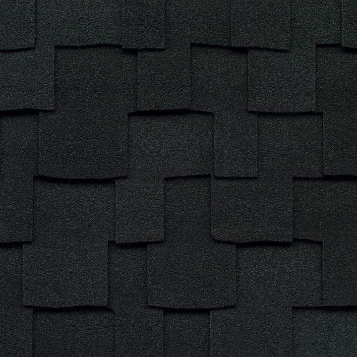 Black asphalt roof shingles in a repeating pattern.
