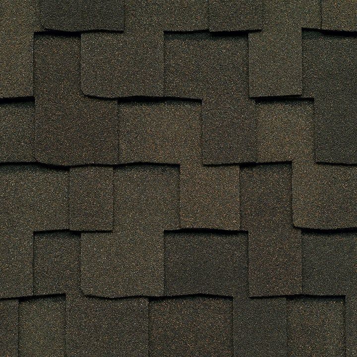 Dark brown asphalt roof shingles.