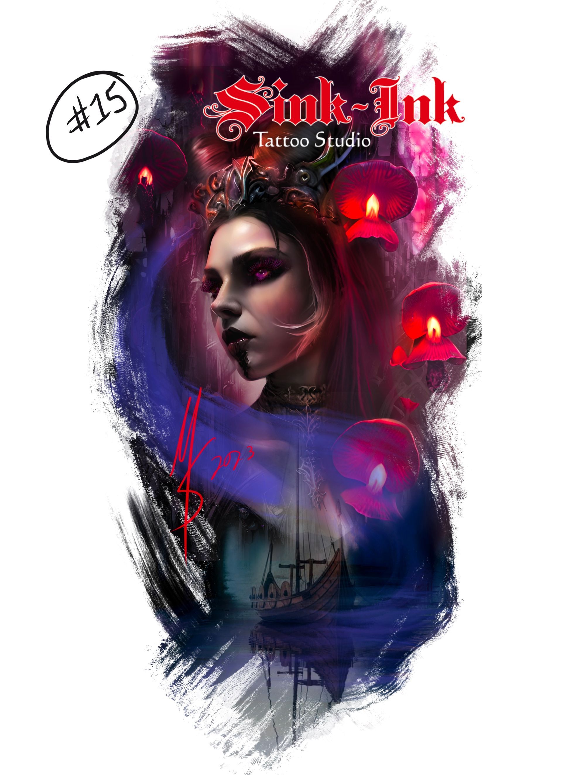 gothic, victorian, lady face, orchids, shaman, longboat, storytelling,  abstract realism, tattoo design, Melissa Sink, abstract realism