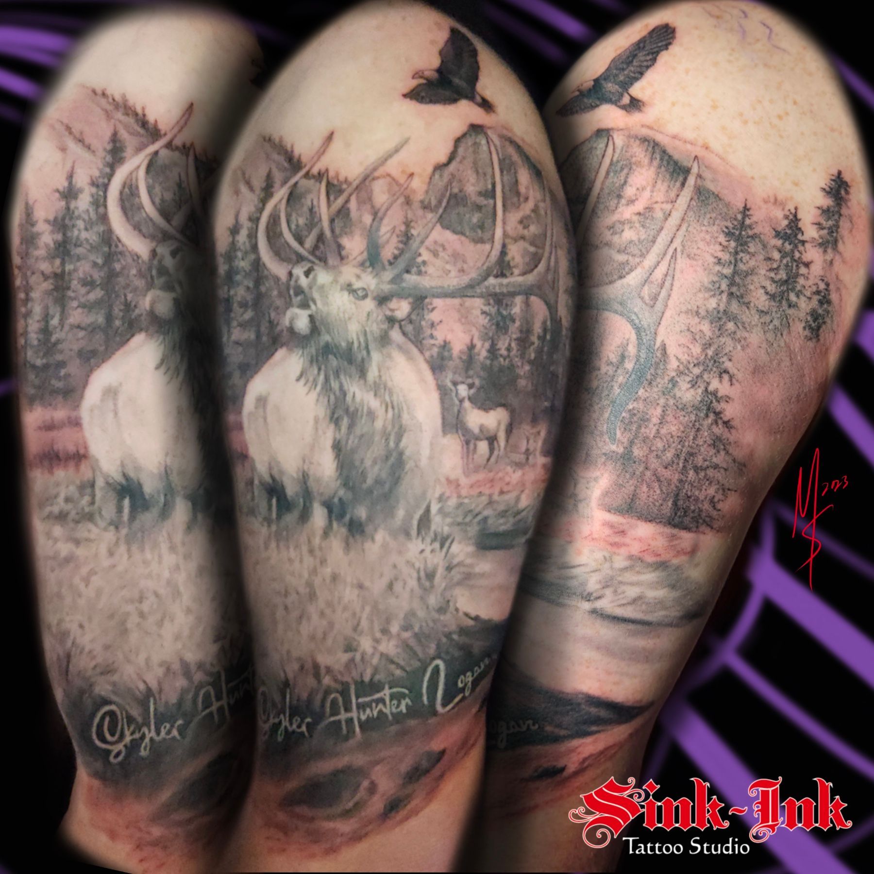 tattoo, upper arm tattoo, elk, bull elk, nature, landscape, mountain, eagle, Melissa Sink