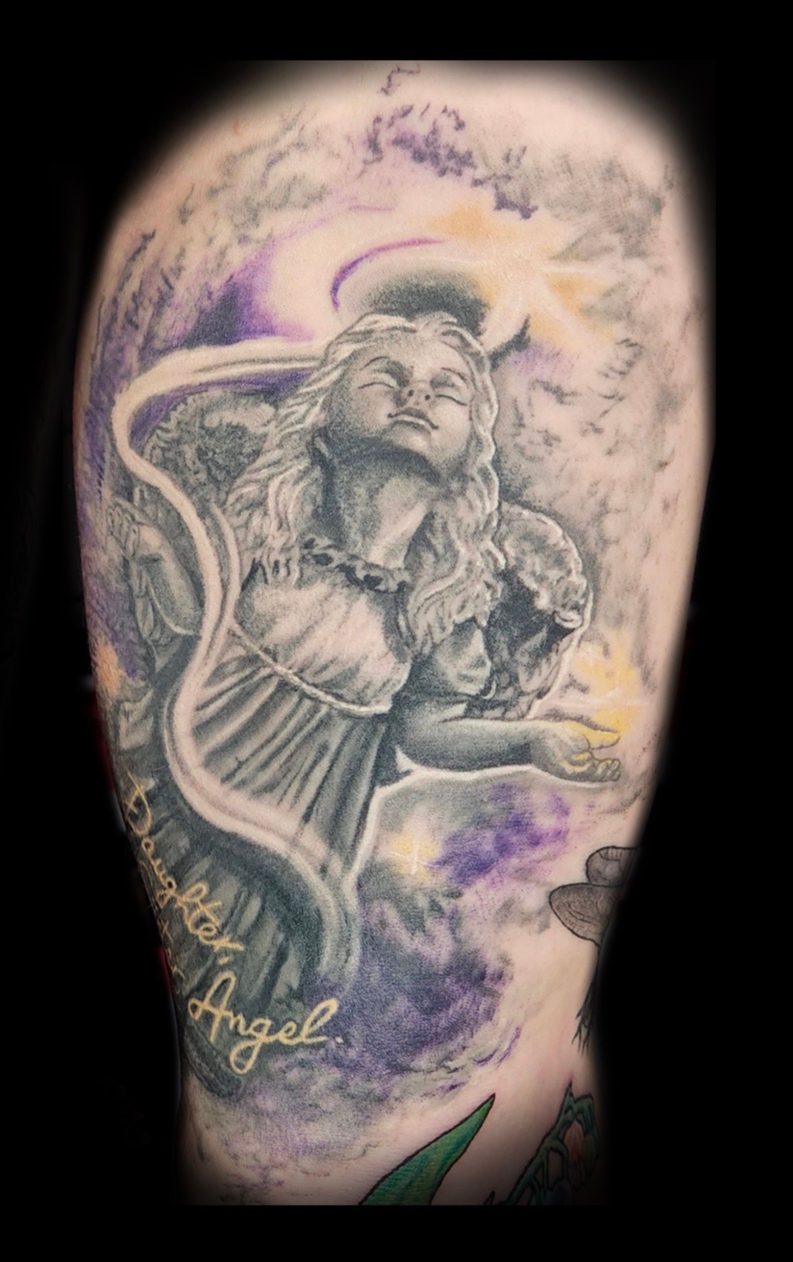 tattoo, tattoo by Melissa Sink, abstract realism, angel tattoo, memorial tattoo, cherub tattoo, inner bicep tattoo