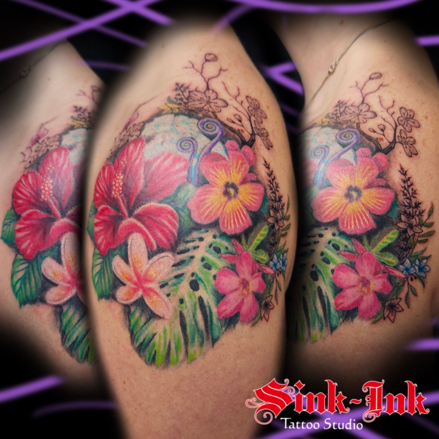 tattoo, tattoo by Melissa Sink, flowers, hibiscus tattoo, plumeria, shoulder tattoo, women's tattoo