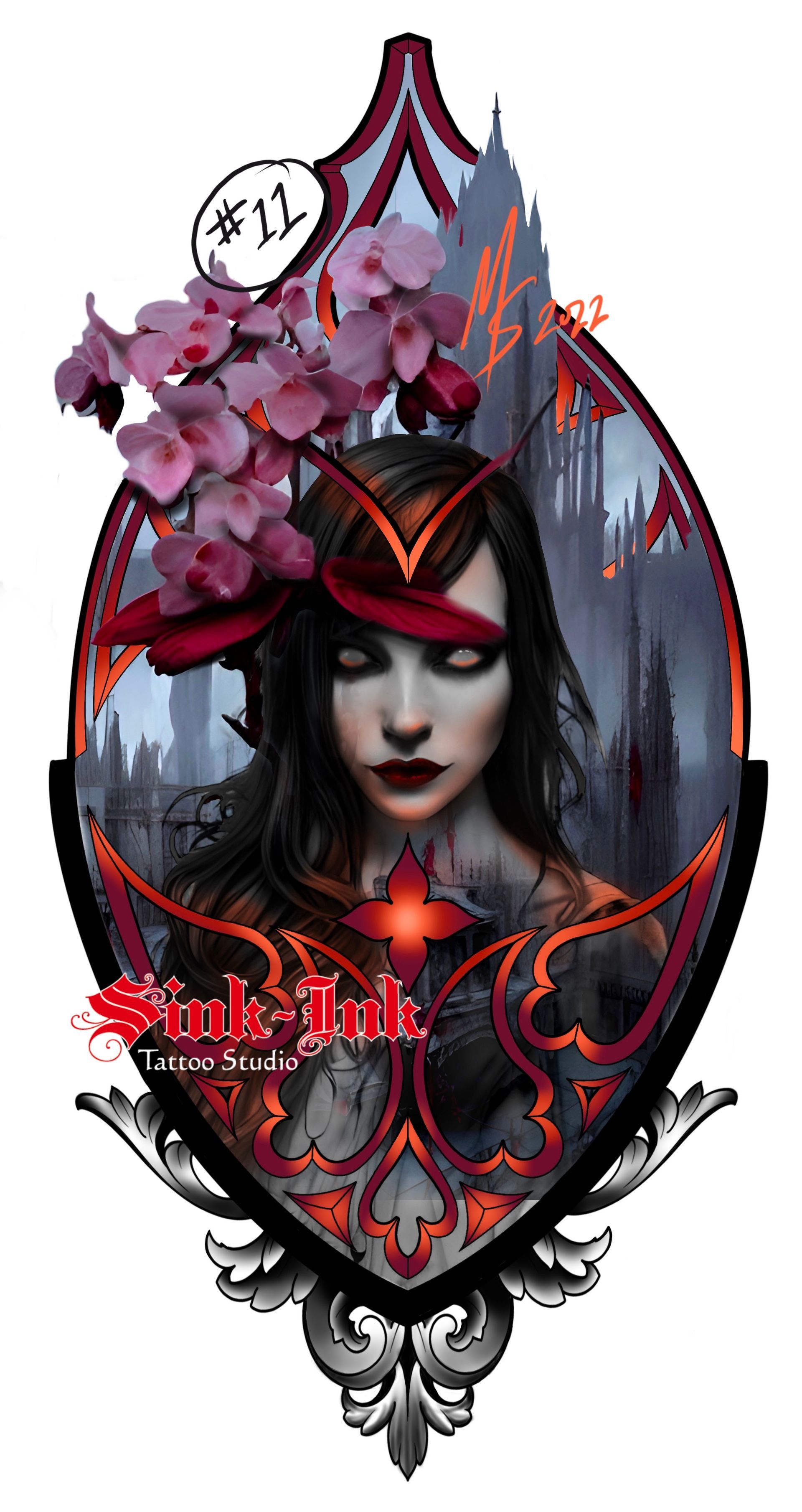 Lady face, gothic architecture, filigree,  dark art, tattoo design, Melissa Sink, abstract realism