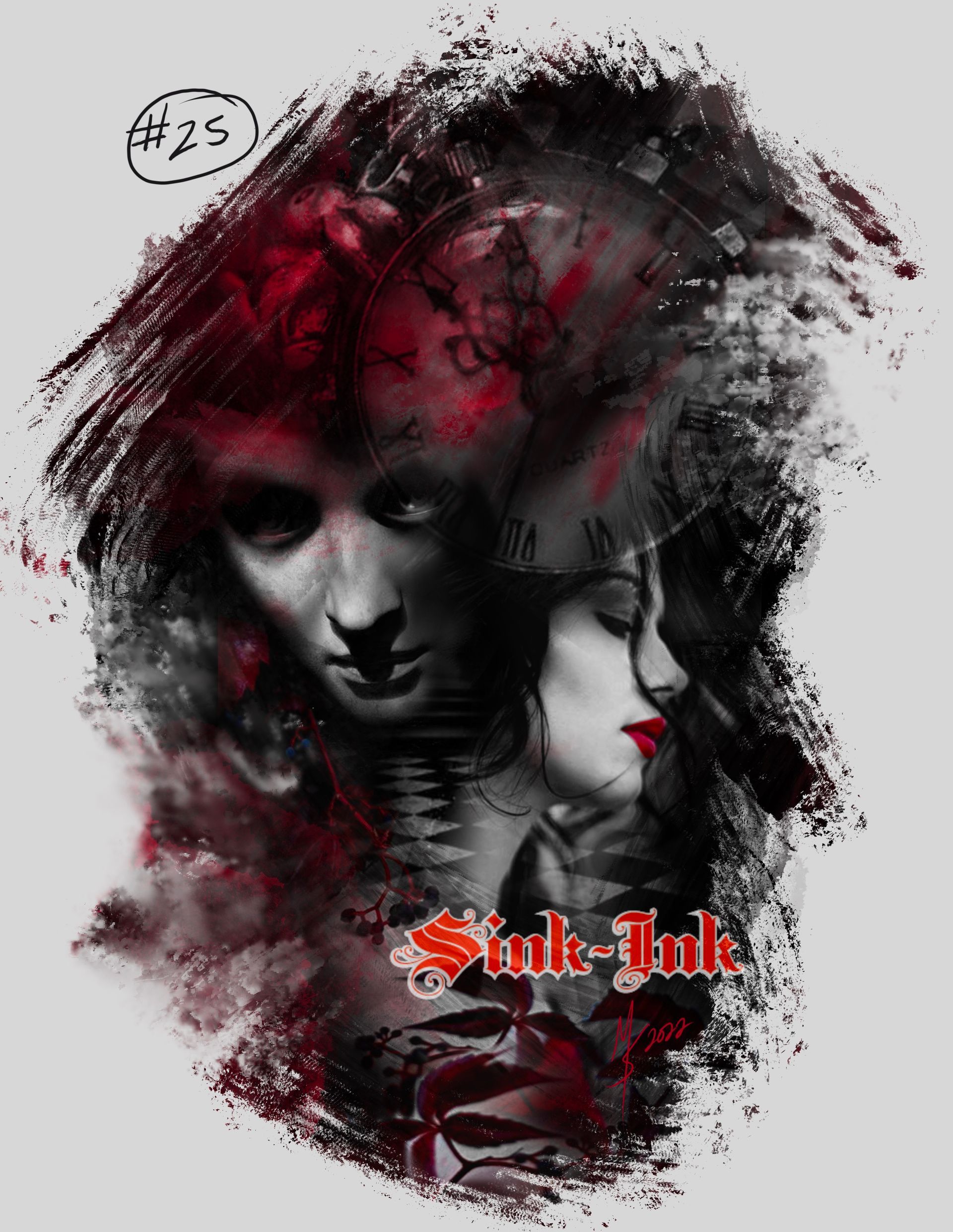 tattoo, tattoo design, lady face, mad hatter, dark Alice, white rabbit, time, dark art, abstract realism, Melissa Sink