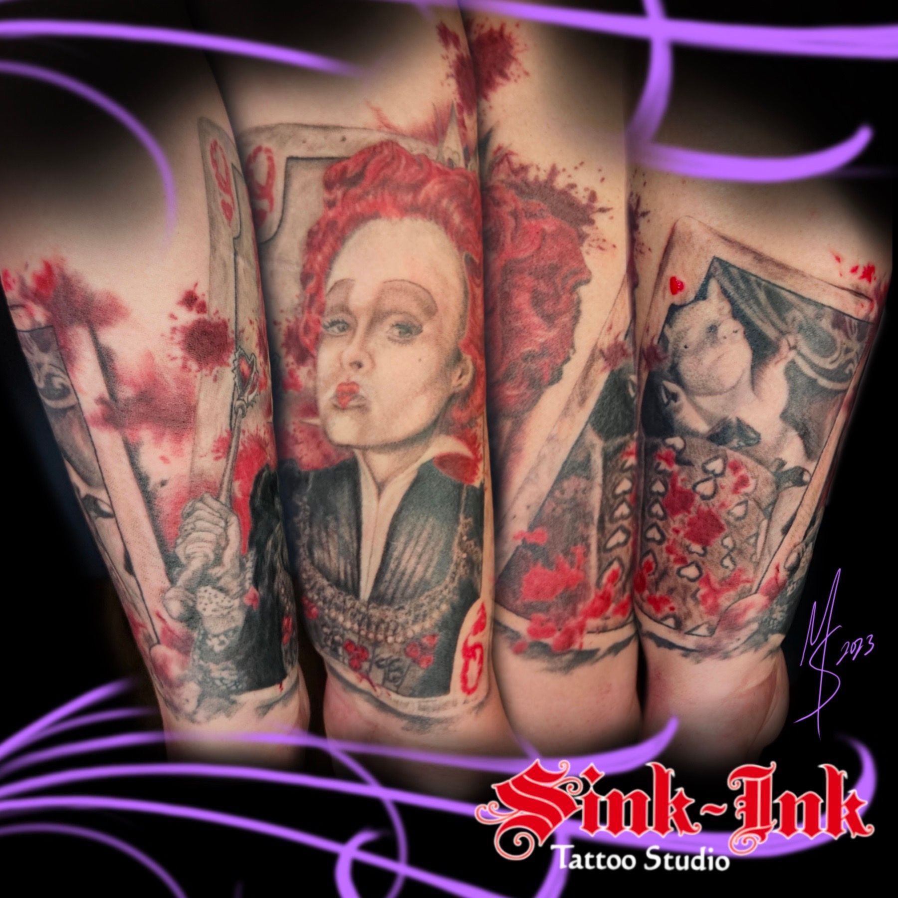 tattoo, forearm tattoo, red queen, Helena bonham Carter, Alice in wonderland, Tim Burton, tattoo by Melissa Sink