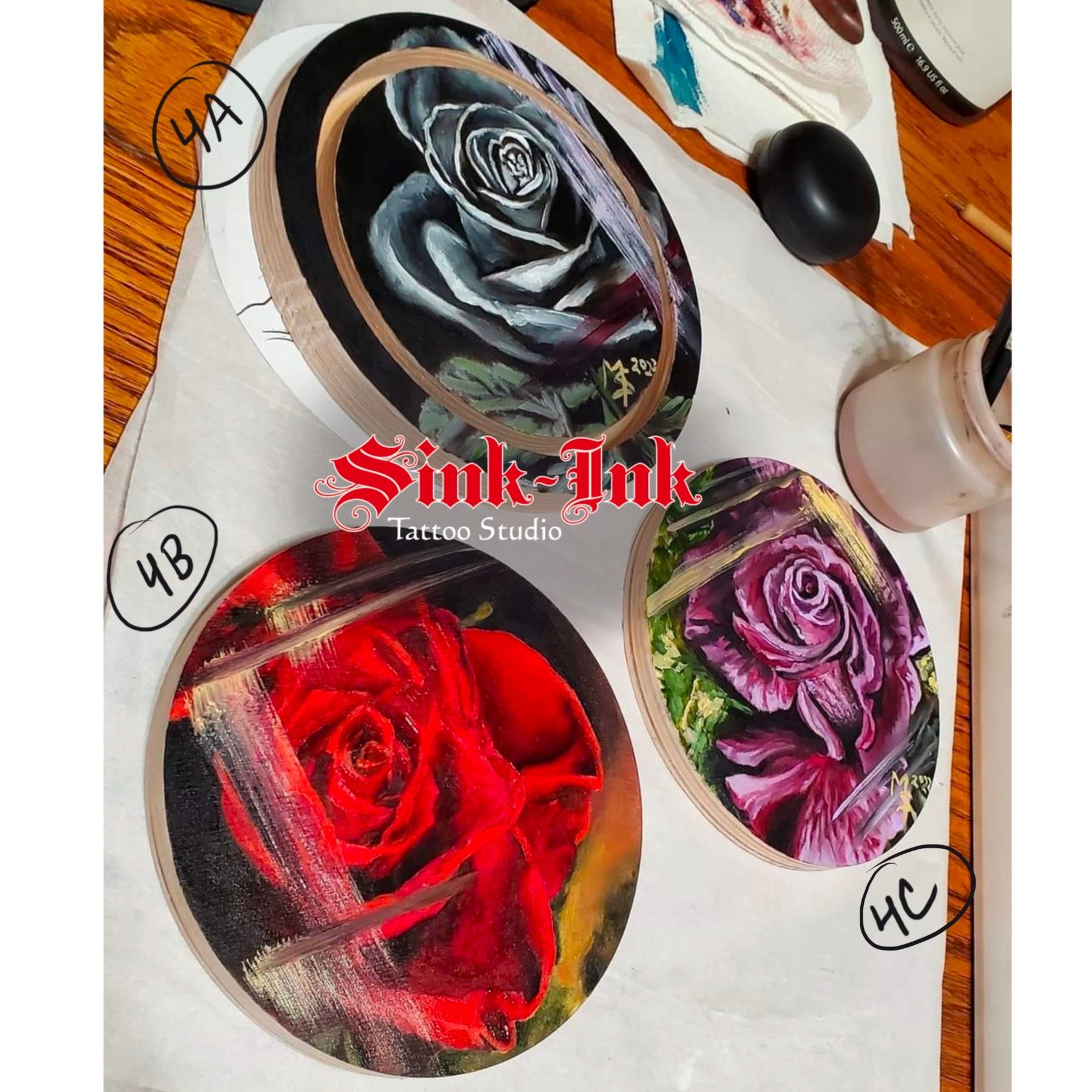 rose, red rose, purple rose, black rose, tattoo design, Melissa Sink, abstract realism