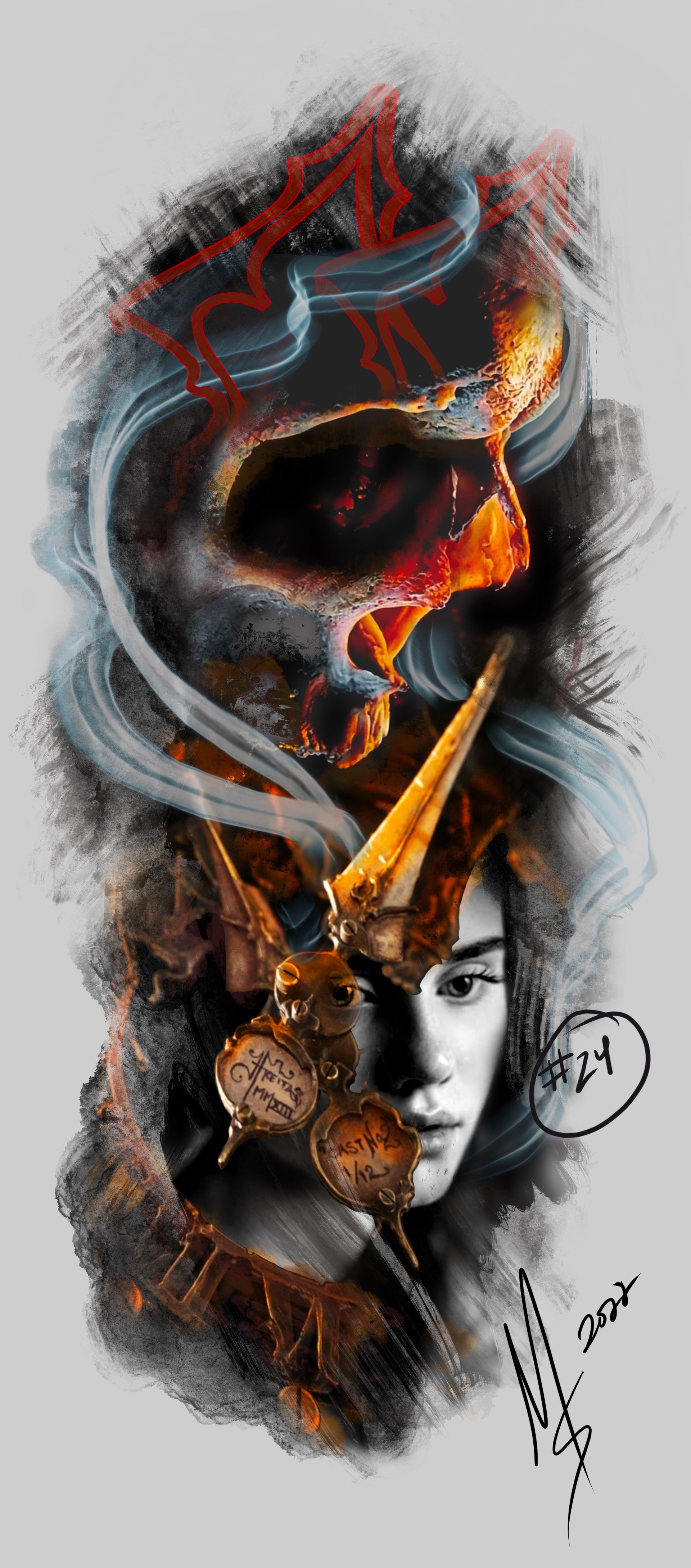 skull, tattoo design, tattoo, lady face, gothic, dark art, abstract realism, Melissa Sink