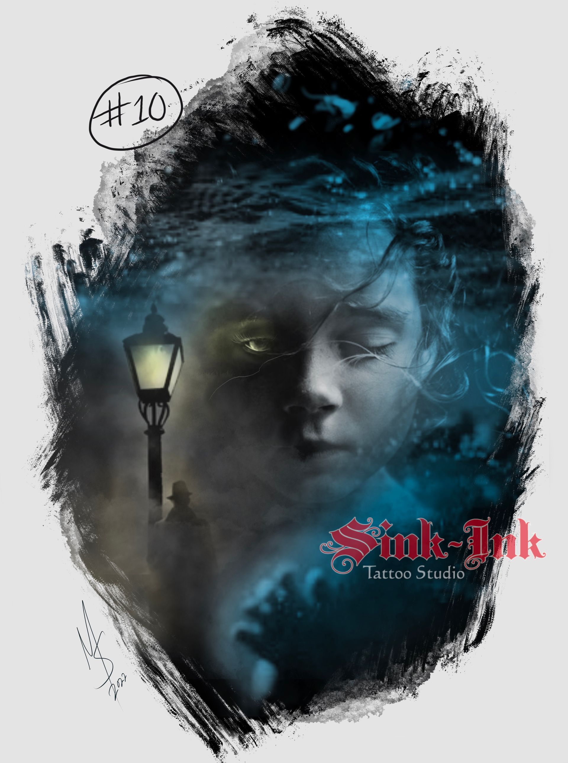 young face, storytelling, male figure, lamp post, water, moon, dark art, tattoo design, Melissa Sink, abstract realism