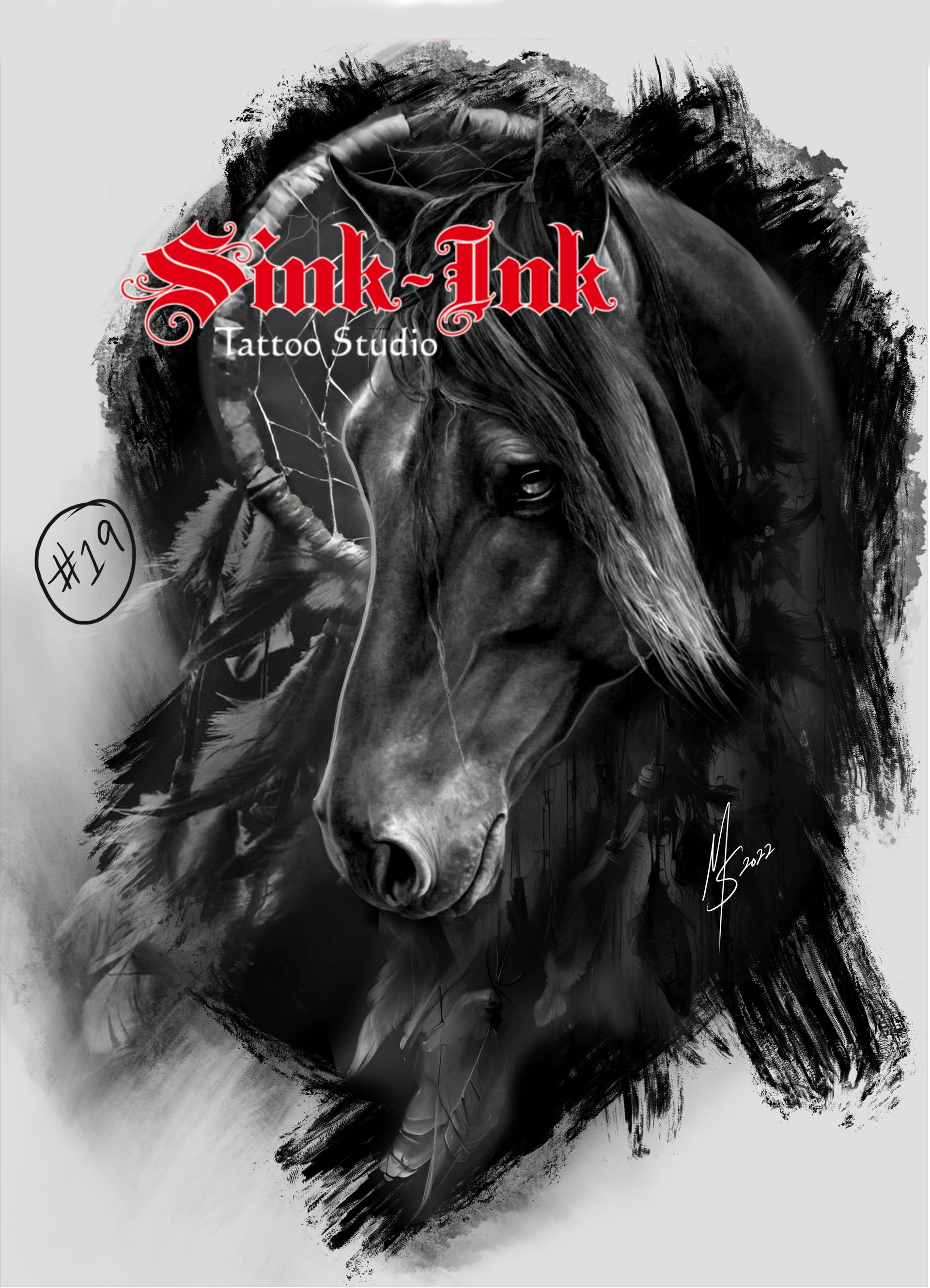 horse, equestrian, dreamcatcher, gray opaque, abstract realism, tattoo design, tattoo, Melissa Sink