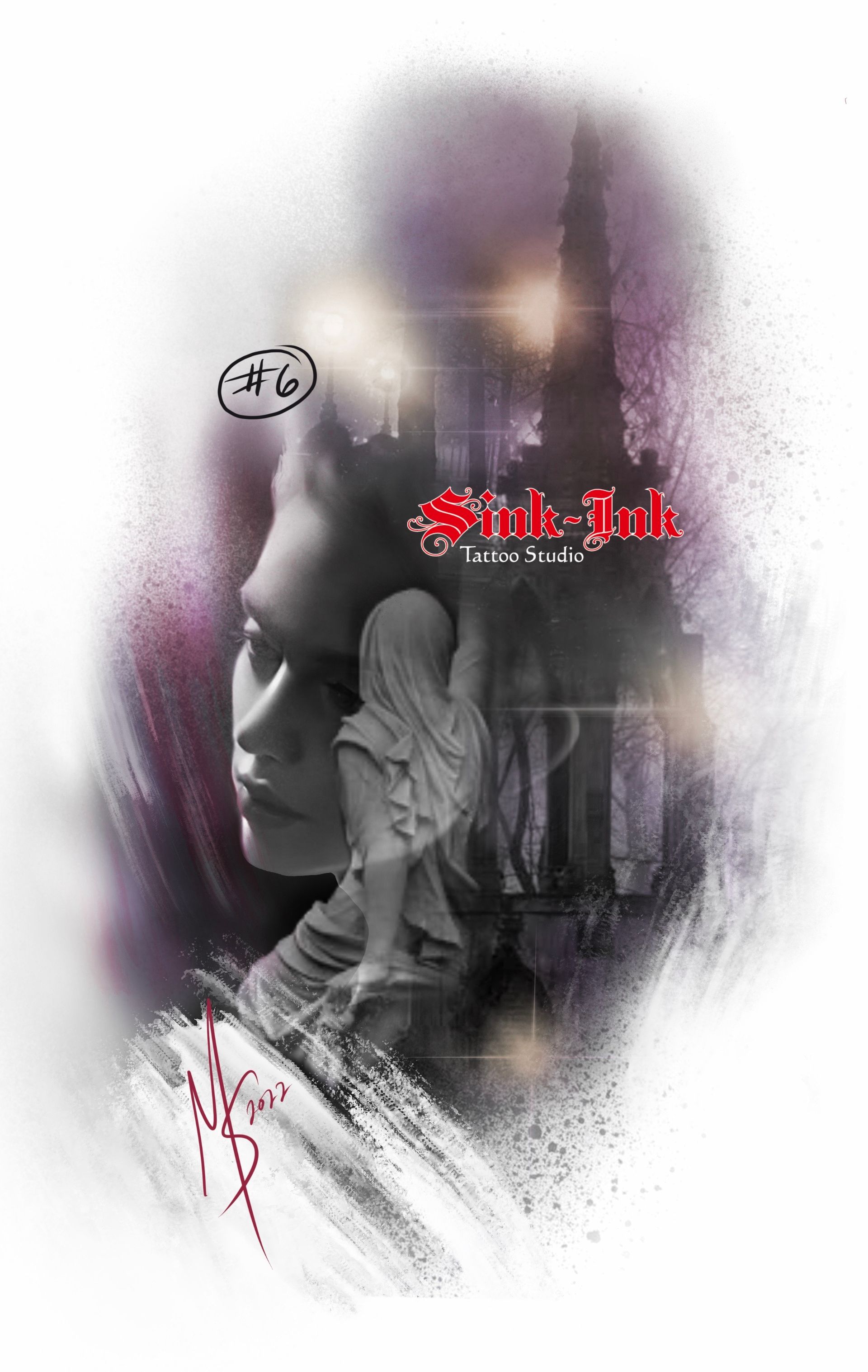 gothic architecture, lady face, woman statue, tattoo design, Melissa Sink, abstract realism