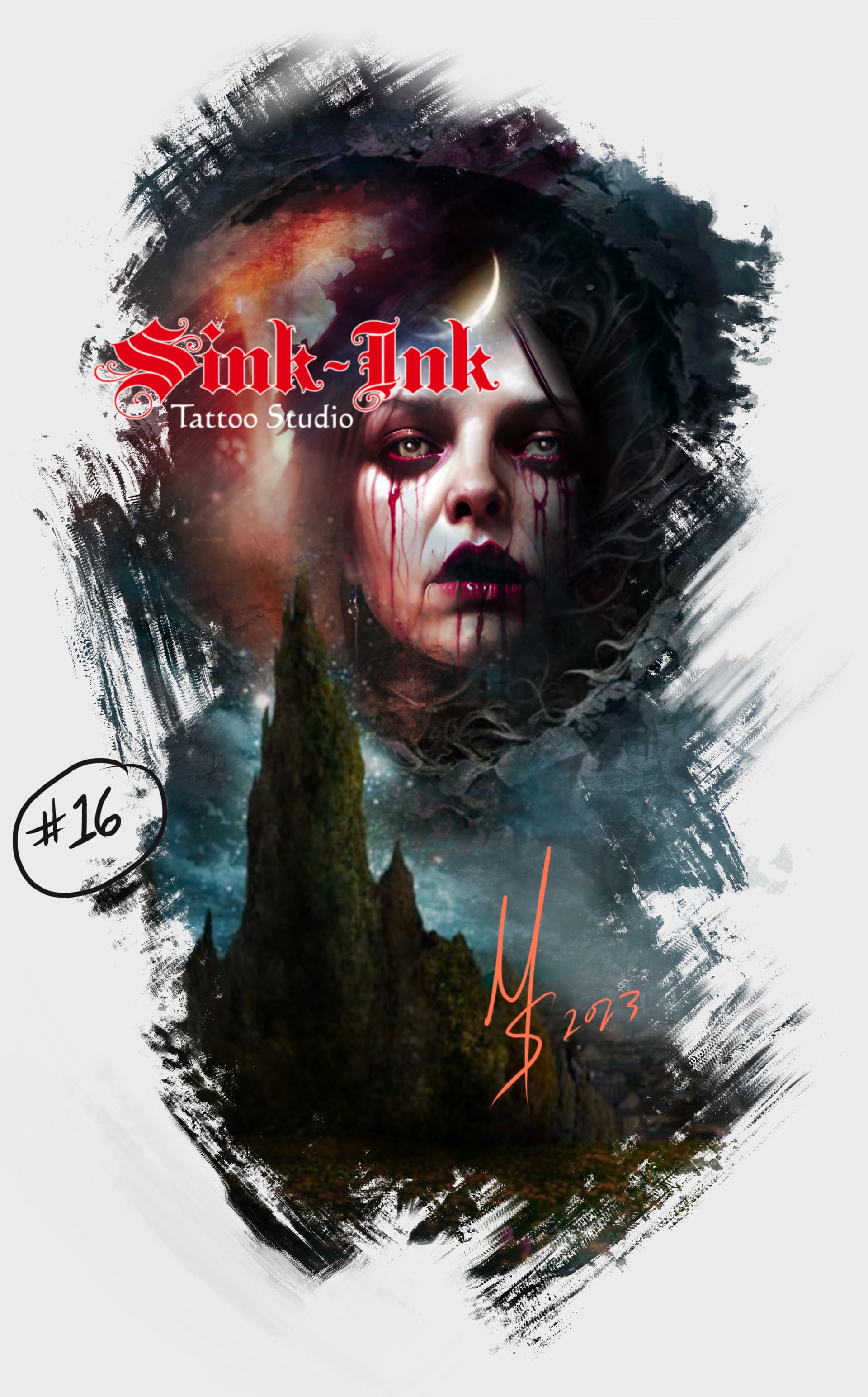 gothic, lady face, dark art, landscape, storytelling,  abstract realism, tattoo design, Melissa Sink, abstract realism