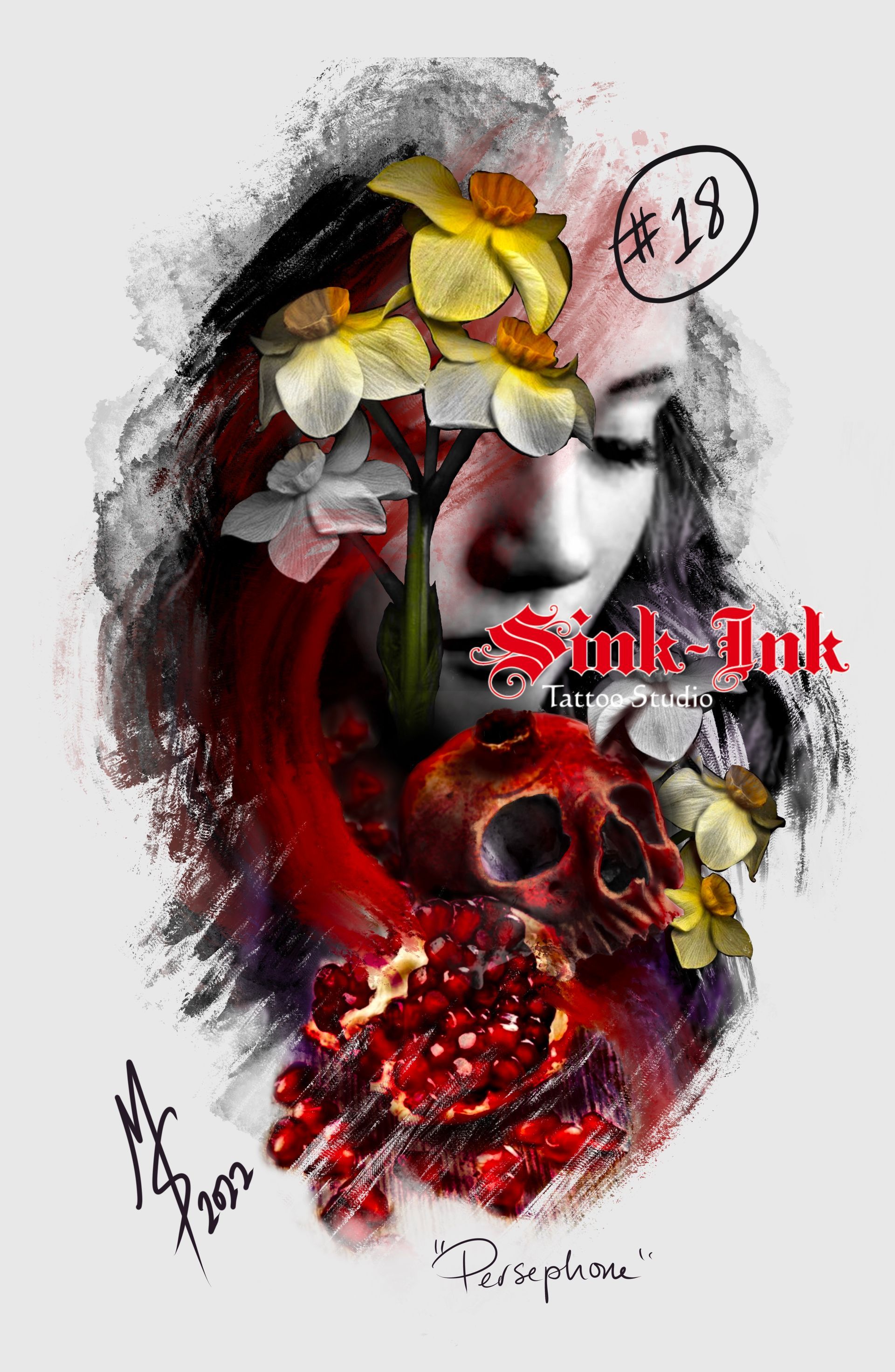 tattoo, tattoo design, lady face, greek goddess, persephone, pomegranate, dark art, abstract realism, Melissa Sink