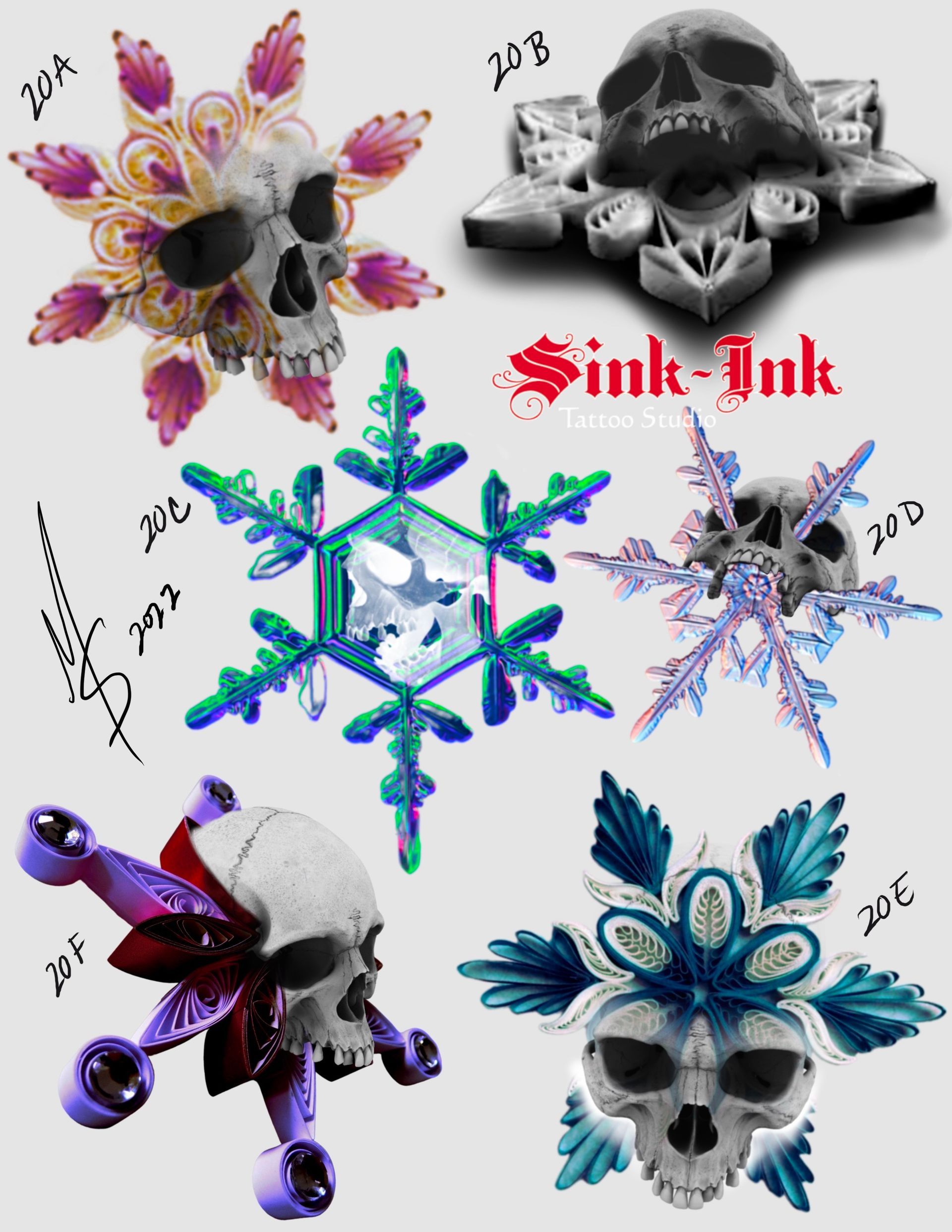 skulls, snowflakes, snow sport tattoos, winter tattoos, winter flash, tattoo design, tattoo ideas, Melissa Sink