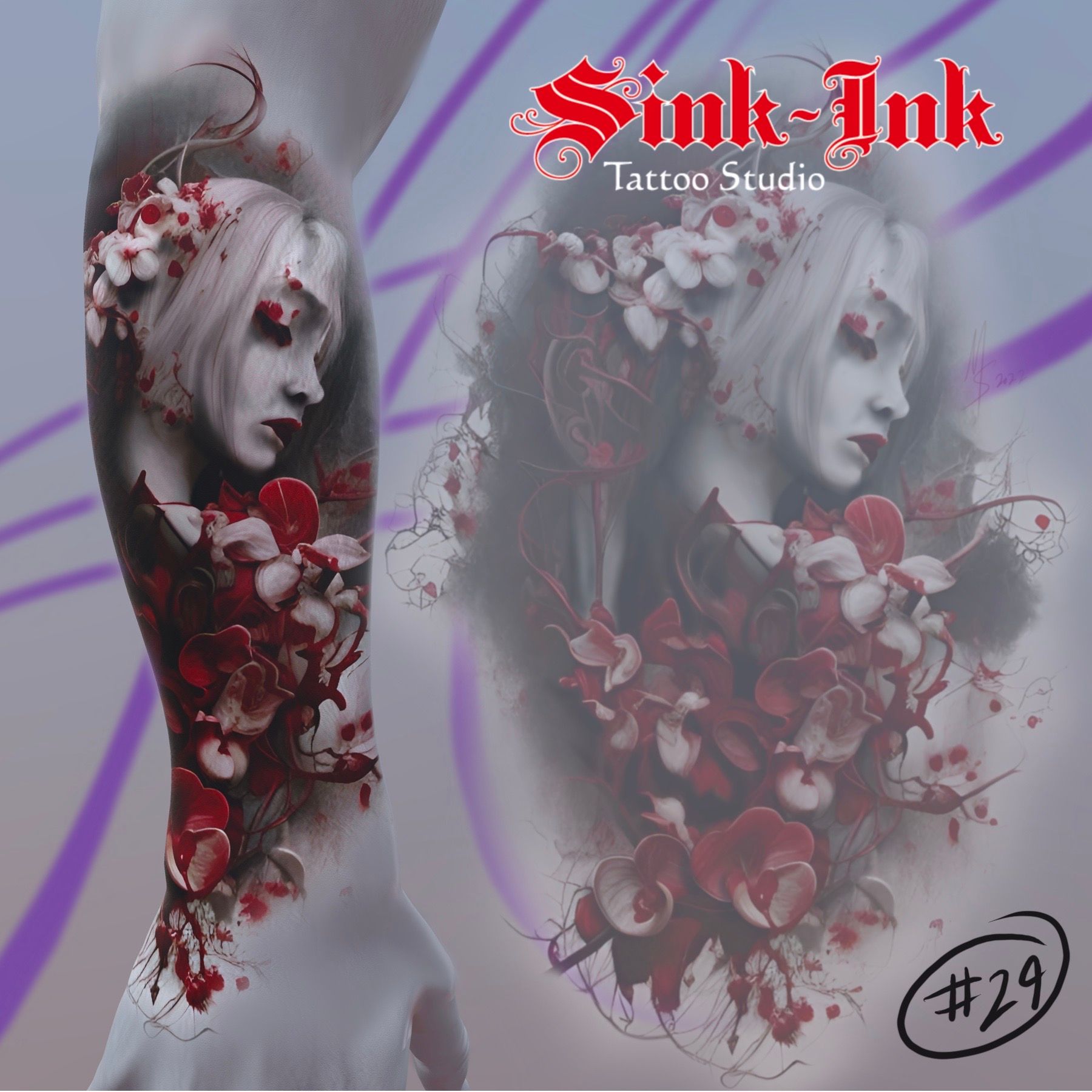 tattoo, tattoo design, lady face, dark art, orchids, abstract realism, Melissa Sink