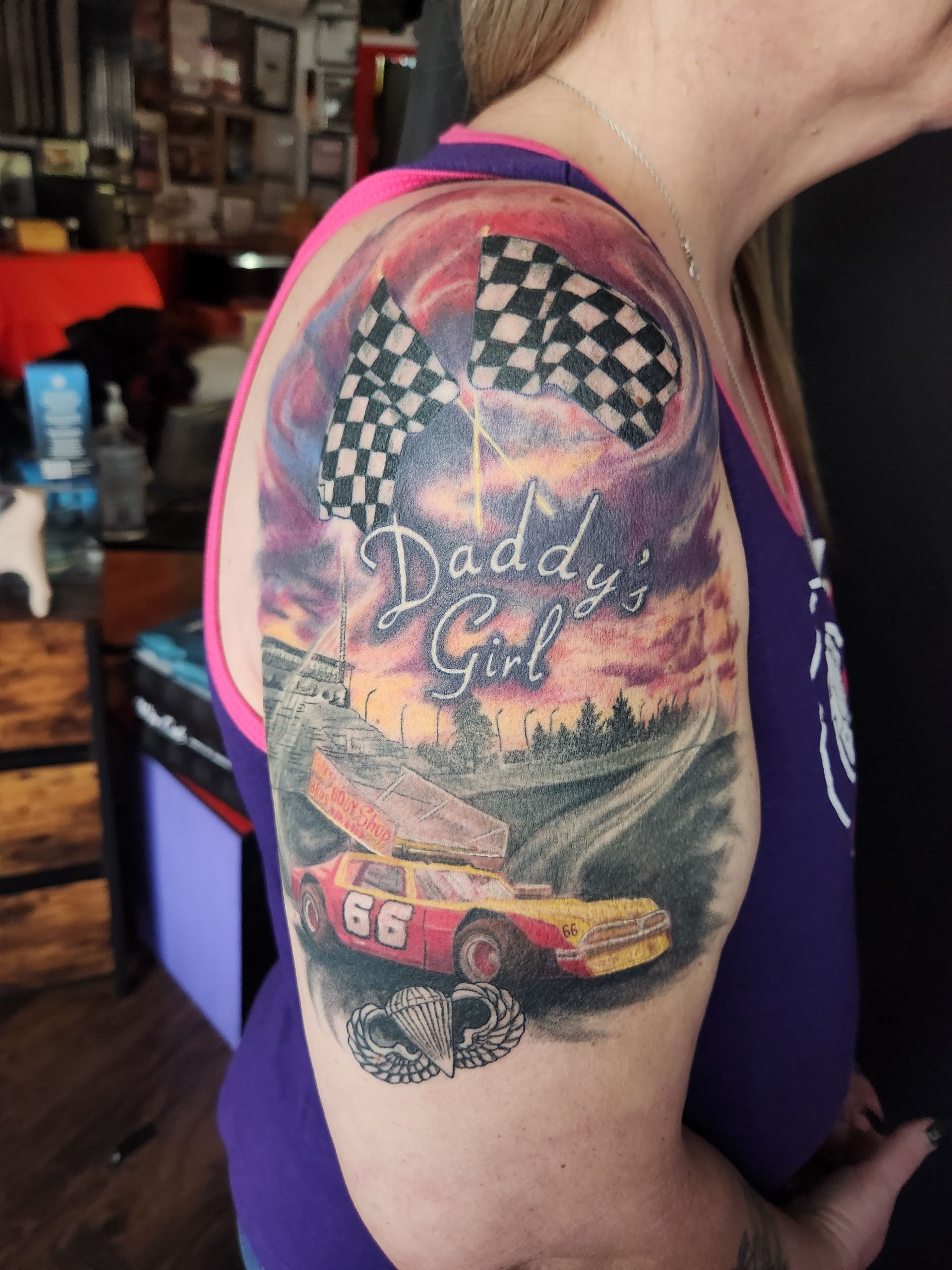 car racing, dirt track, tattoo, checkered flags, race car, willamette speedway, memorial tattoo, Melissa Sink