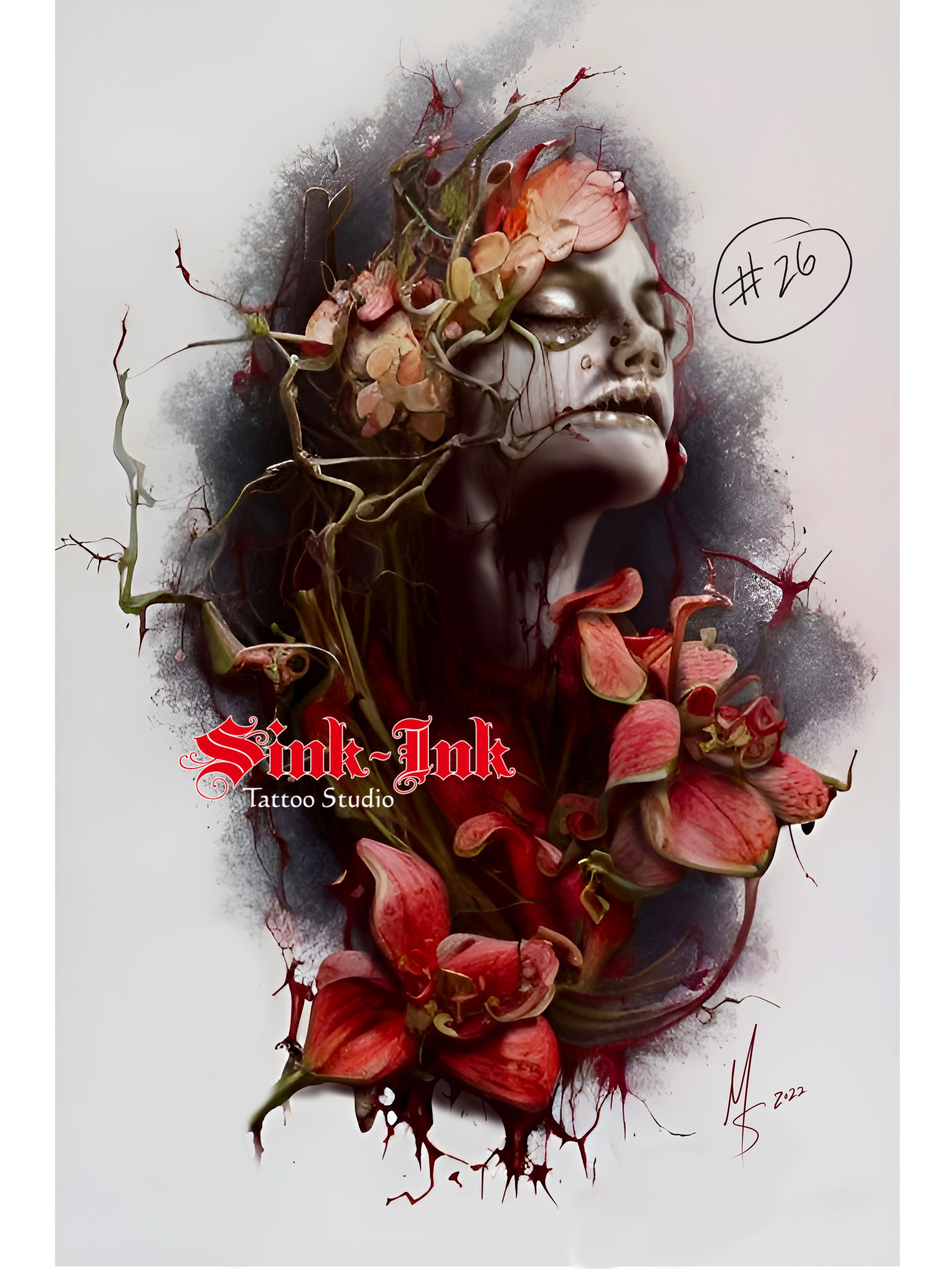 tattoo, tattoo design, lady face, zombie, orchids, dark art, abstract realism, Melissa Sink
