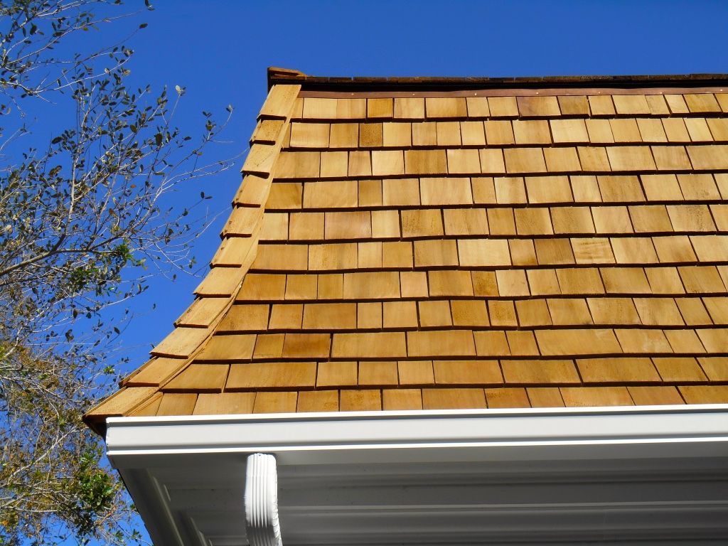 Wood shingle roof with white gutter against a blue sky and tree branches