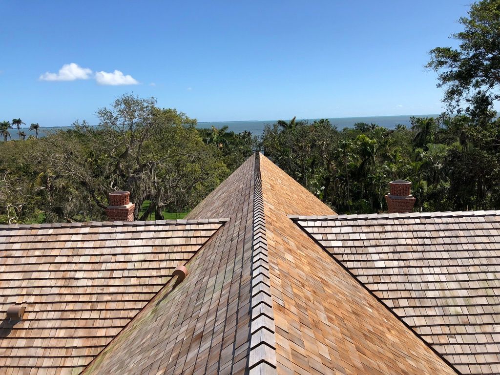 Rooftops with brown shingles leading to a blue ocean horizon under a clear sky, framed by trees and shrubs