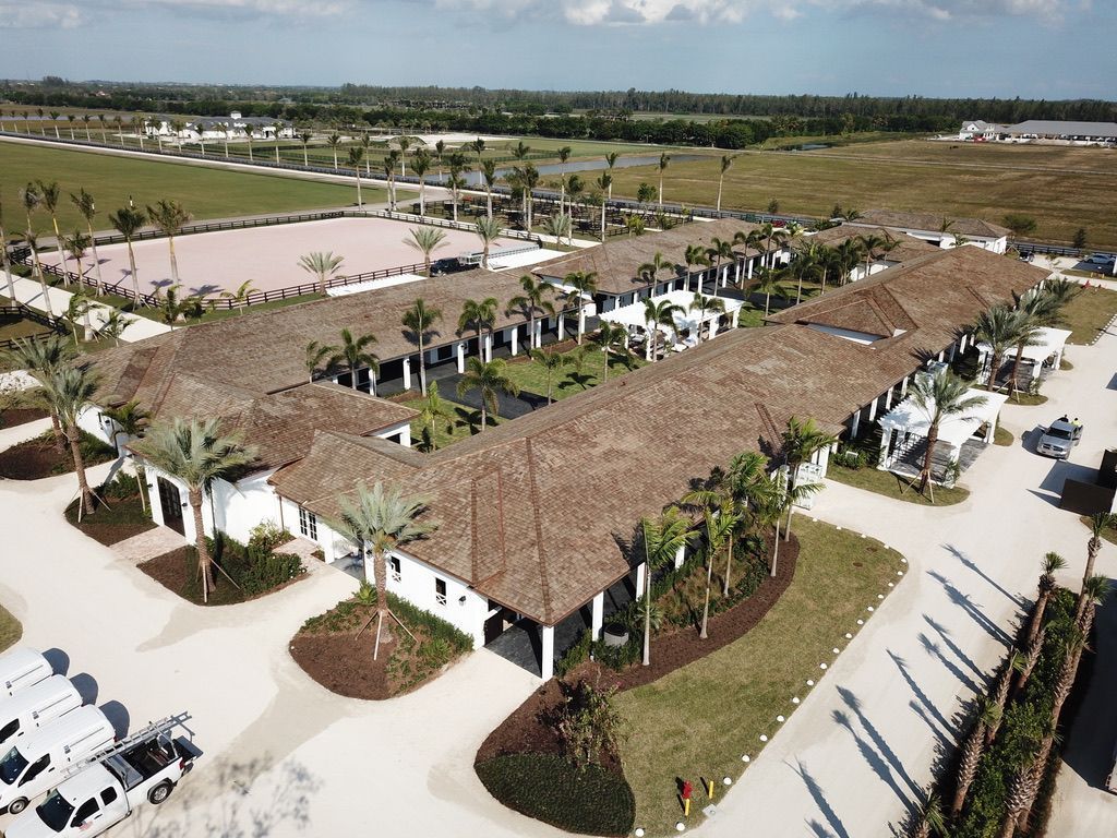 Aerial view of a tropical resort with thatched-roof buildings, palm trees, and parked white golf carts
