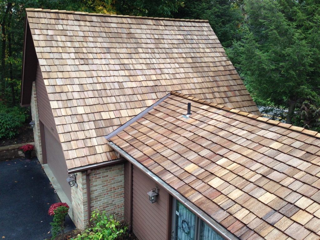 Aerial view of a shingled roof on a small building beside trees and a driveway.