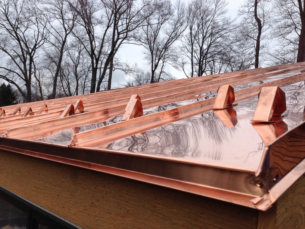 Copper roof with raised seams and snow guards, viewed against bare trees on an overcast day