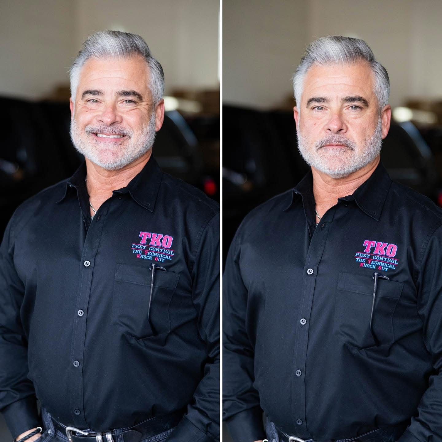 Portrait of a man in a black shirt with a pink logo, smiling on the left and serious on the right.