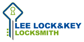 Logo for Lee Lock & Key locksmith. Blue key outline with green keyhole icon. Text in blue and green.