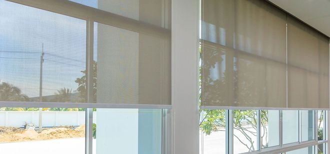 Window blinds partially lowered over bright office windows, with sunlight and outdoor trees visible.