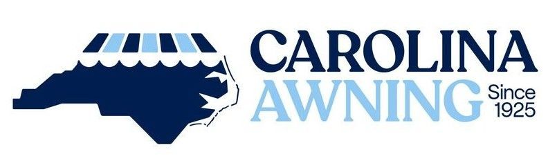 Carolina Awning logo with blue awning graphic and navy text on a white background